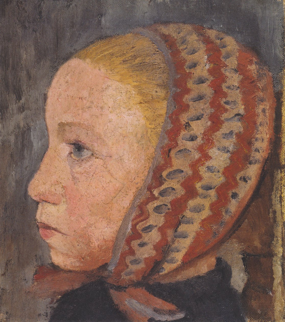 Głowa dziewczynki z czapeczką w paski z profilu po lewej stronie autorstwa Paula Modersohn Becker