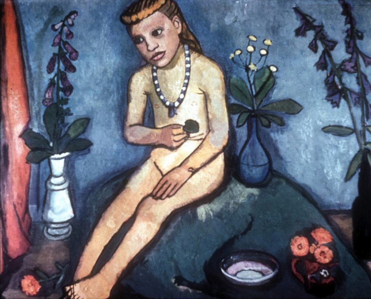 Siedząca naga dziewczyna z wazonami z kwiatami autorstwa Paula Modersohn Becker
