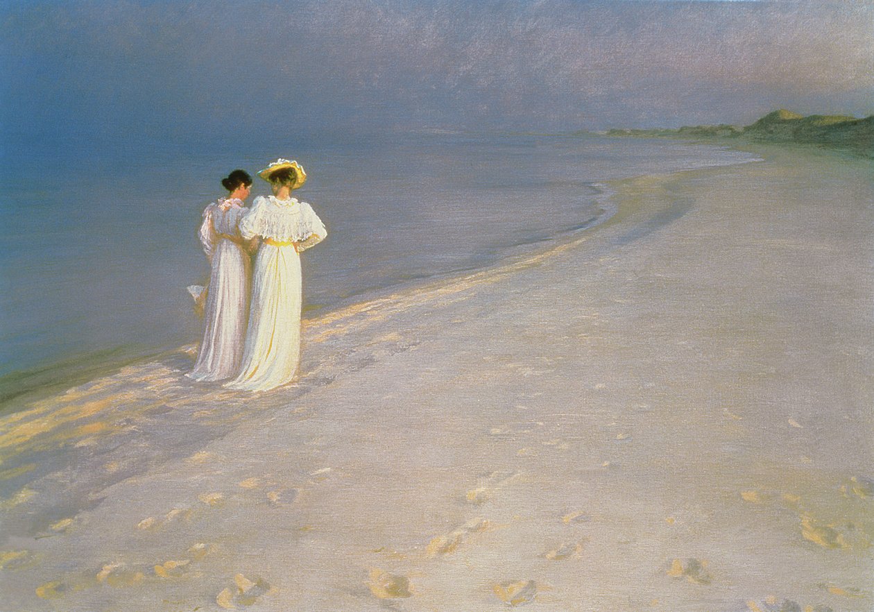 Vasaros vakaras Skageno pietiniame paplūdimyje su Anna Ancher ir Marie Kroyerpoli autorstwa Peder Severin Krøyer