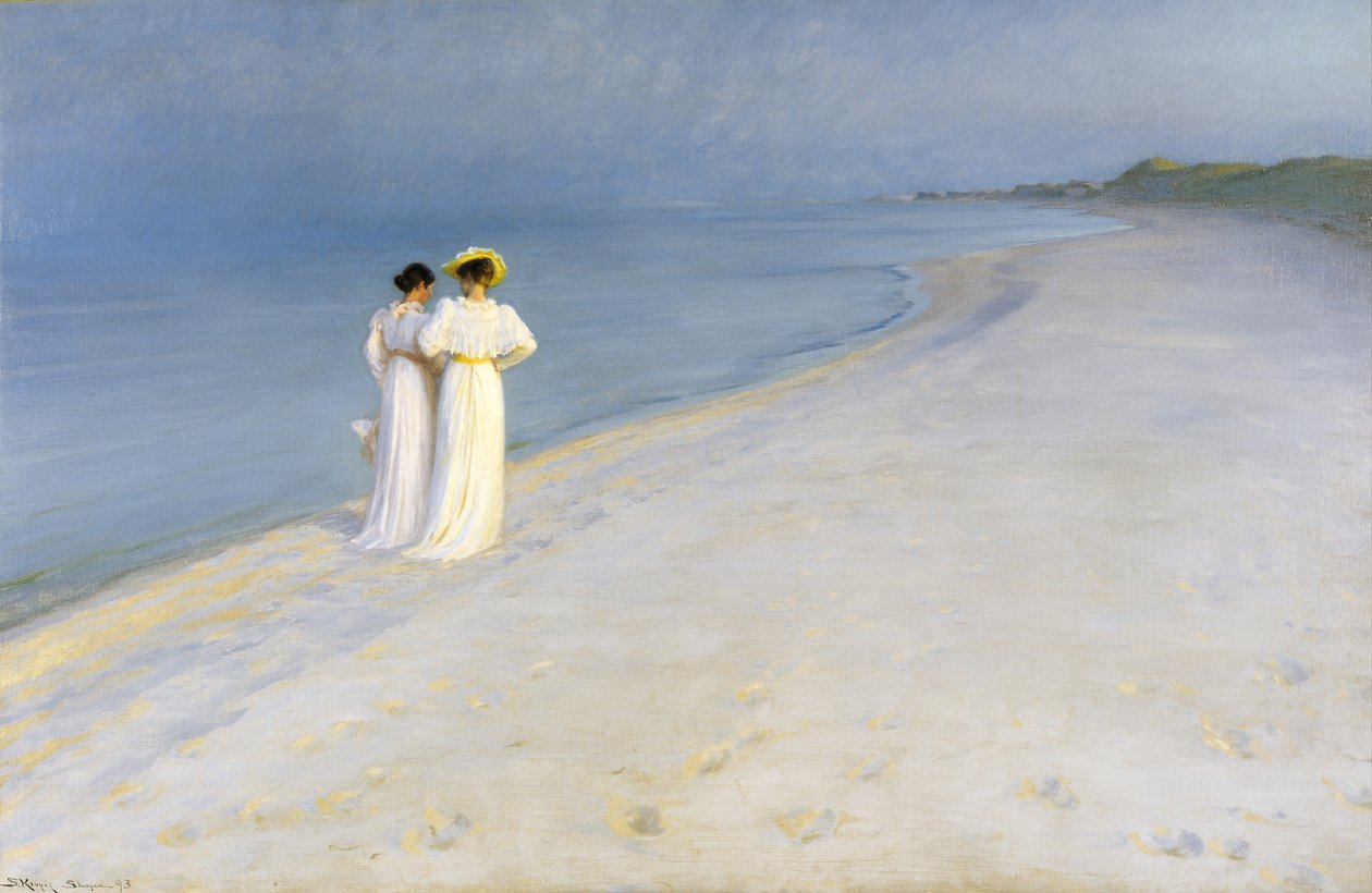 Letni wieczór na plaży Skagens. Anna Ancher i Marie Krøyer spacerują razem. autorstwa Peder Severin Krøyer