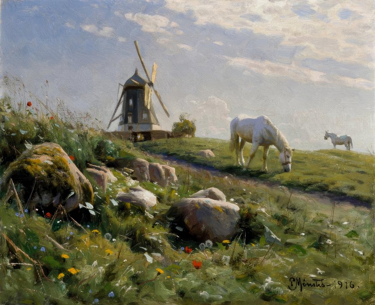 Pasące się konie na letniej łące autorstwa Peder Monsted