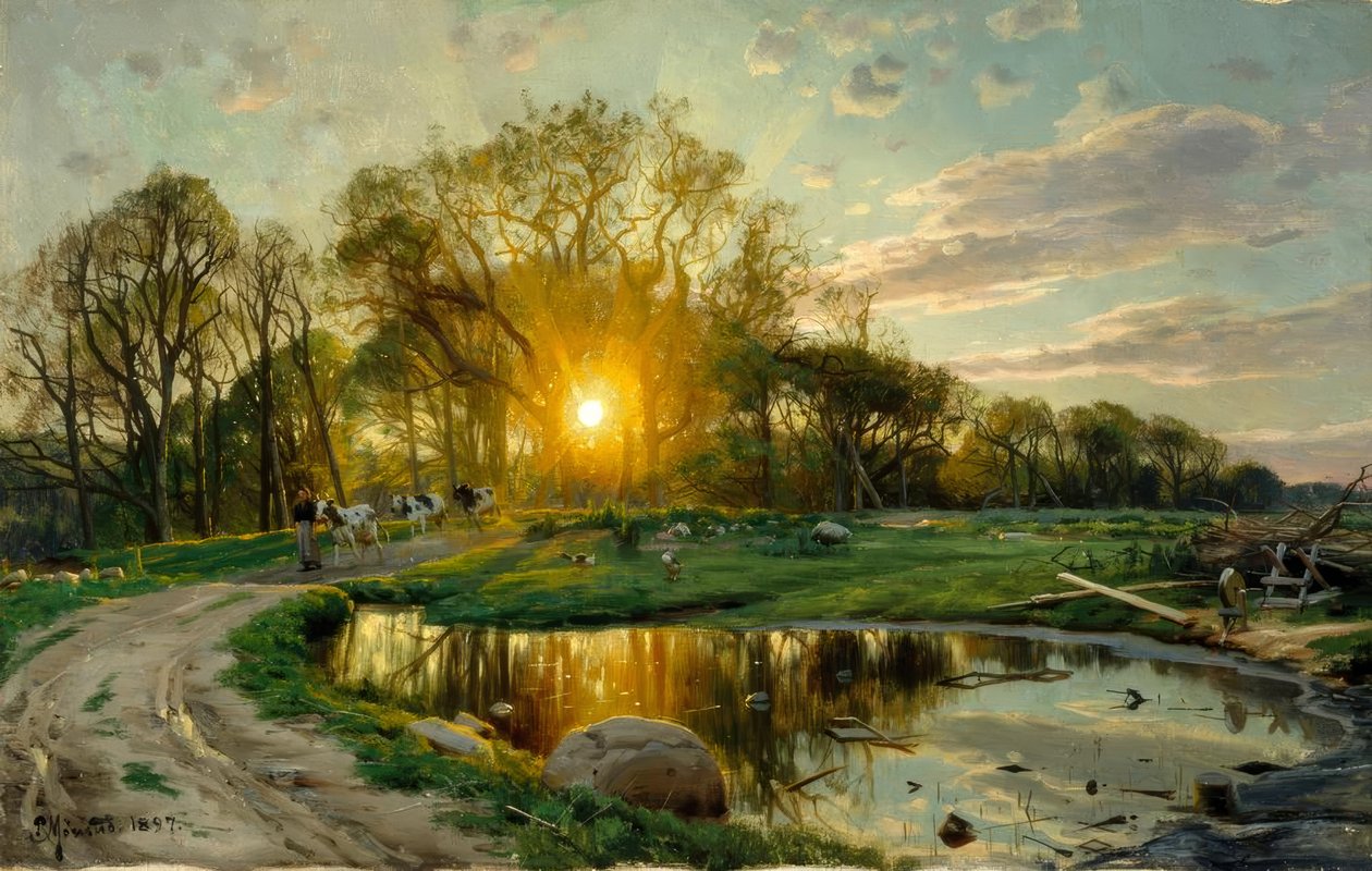 Zabierz krowy do domu o zachodzie słońca autorstwa Peder Monsted