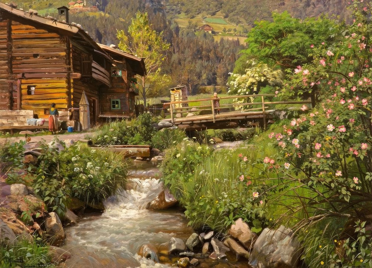 P.Mönsted, górska chata nad strumieniem autorstwa Peder Monsted