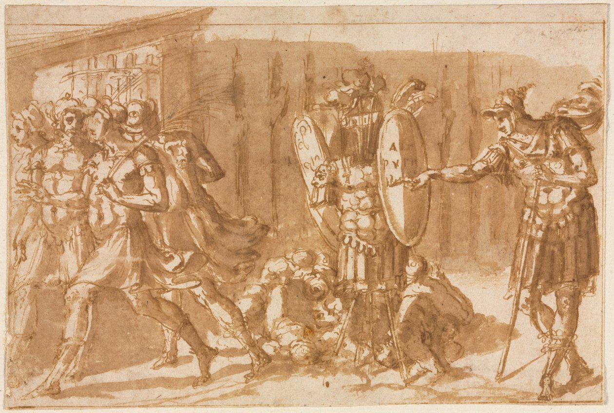 Zwycięscy żołnierze z trofeum, 1550s. autorstwa Pellegrino Tibaldi