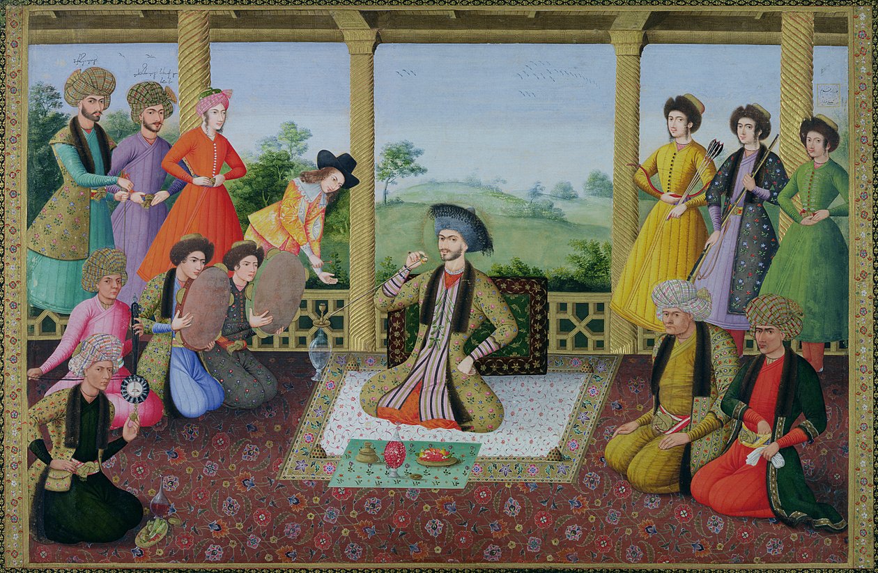 آغلې E-14 f.98a شاه سلیمان II (1641-91) او د هغه درباریان پولیس autorstwa Persian School