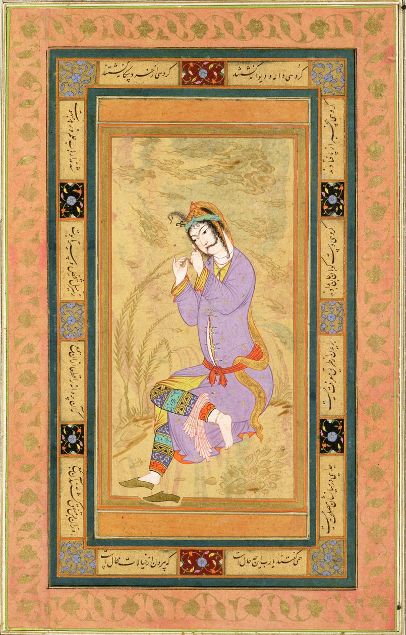 Siedząca dziewczyna zwijająca włosy w loki, z Large Clive Album, ok. 1600-10 autorstwa Persian School