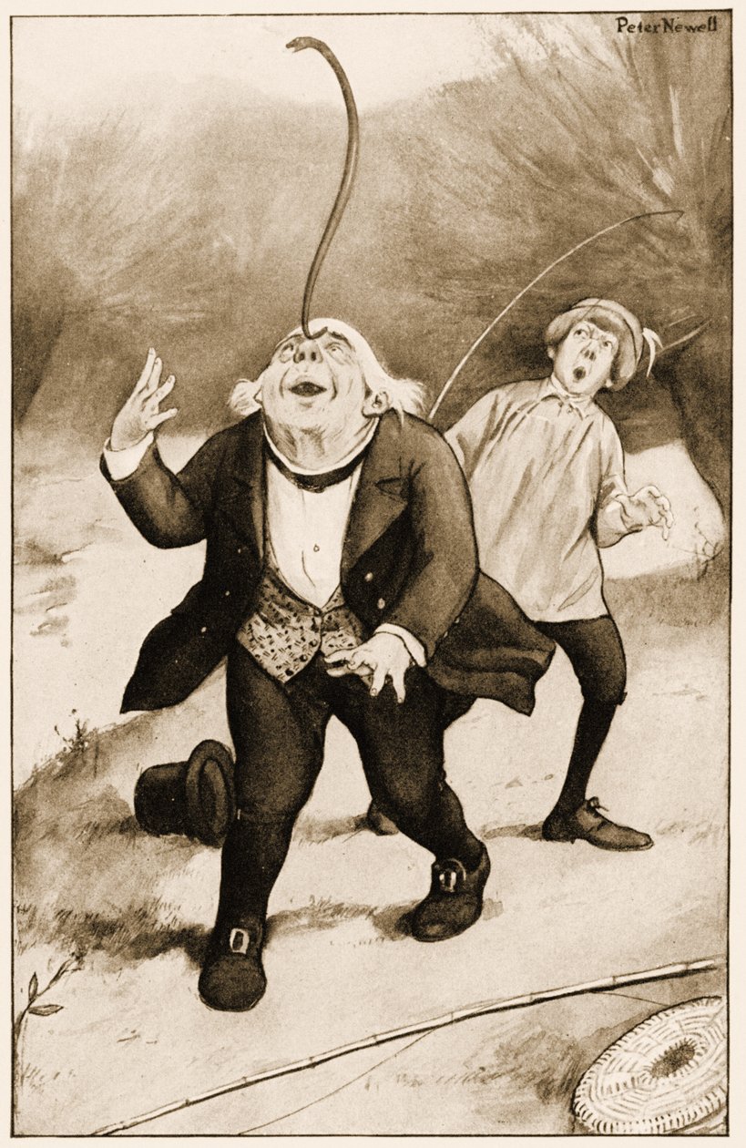„Stary ojciec William trzymający węgorza na czubku nosa”, ilustracja do „Alicji w krainie czarów” Lewisa Carrolla, 1901 autorstwa Peter Newell