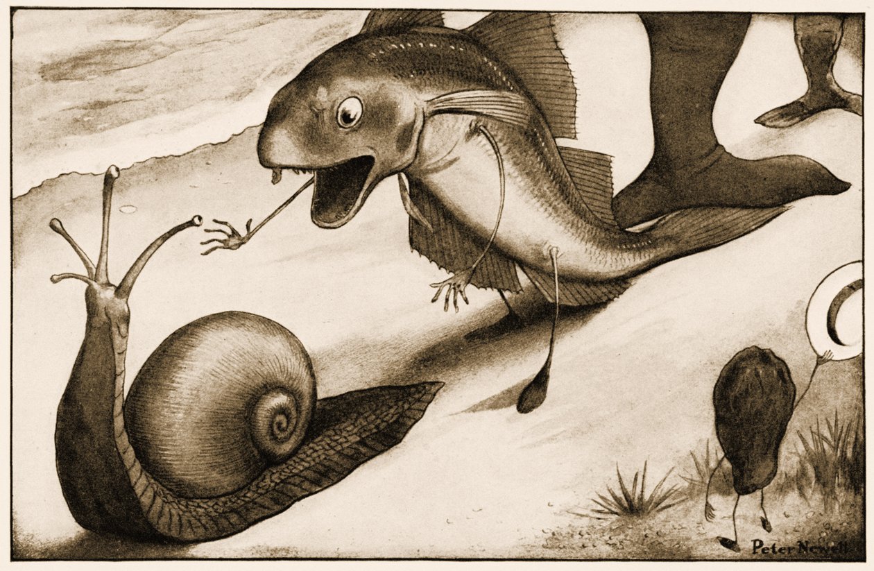 „Czy pójdziesz trochę szybciej?”, powiedział Whiting to a Snail”, ilustracja do „Alicji w Krainie Czarów” Lewisa Carrolla, 1901 autorstwa Peter Newell