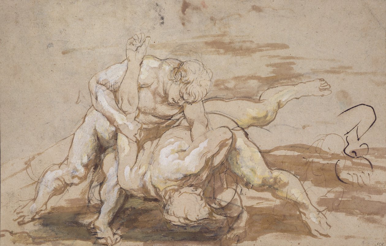Zapasy dwóch mężczyzn (węgiel, długopis i atrament z praniem na papierze) autorstwa Peter Paul Rubens