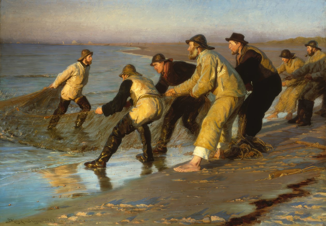 Rybacy ciągną sieci na plaży Skagen autorstwa Peder Severin Krøyer