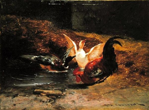 Kogucik z dwiema kaczkami (olej na płótnie) autorstwa Philibert Leon Couturier