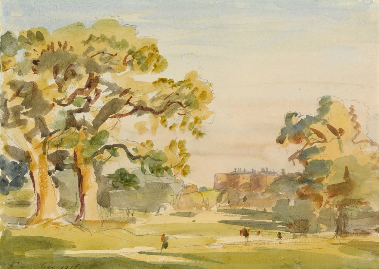 Widok na zamek Chirk, 1916 (grafit i wc na papierze) autorstwa Philip Wilson Steer