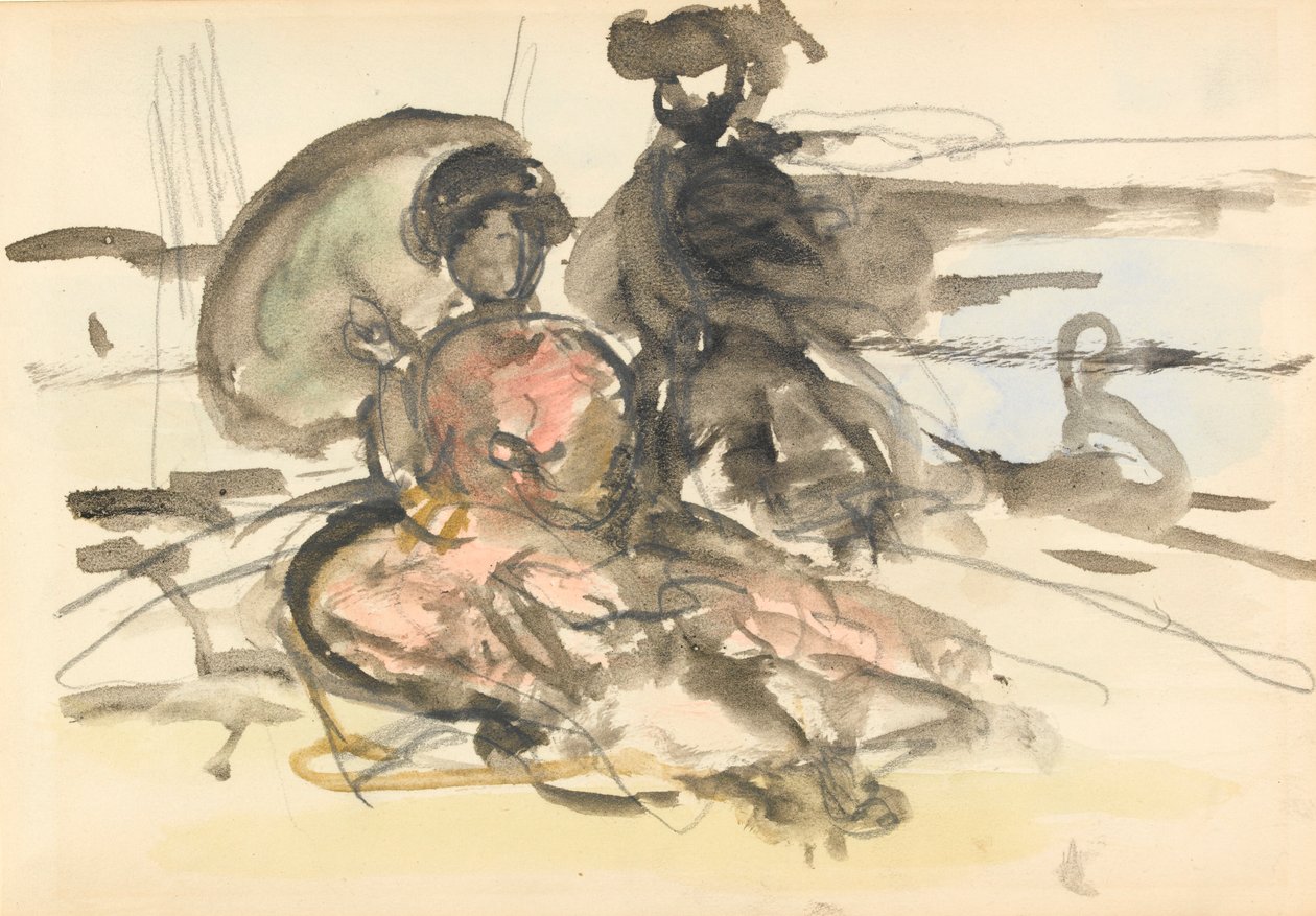 Studium rysunku: dwie kobiety siedzące na brzegu rzeki (grafit i wc na papierze) autorstwa Philip Wilson Steer