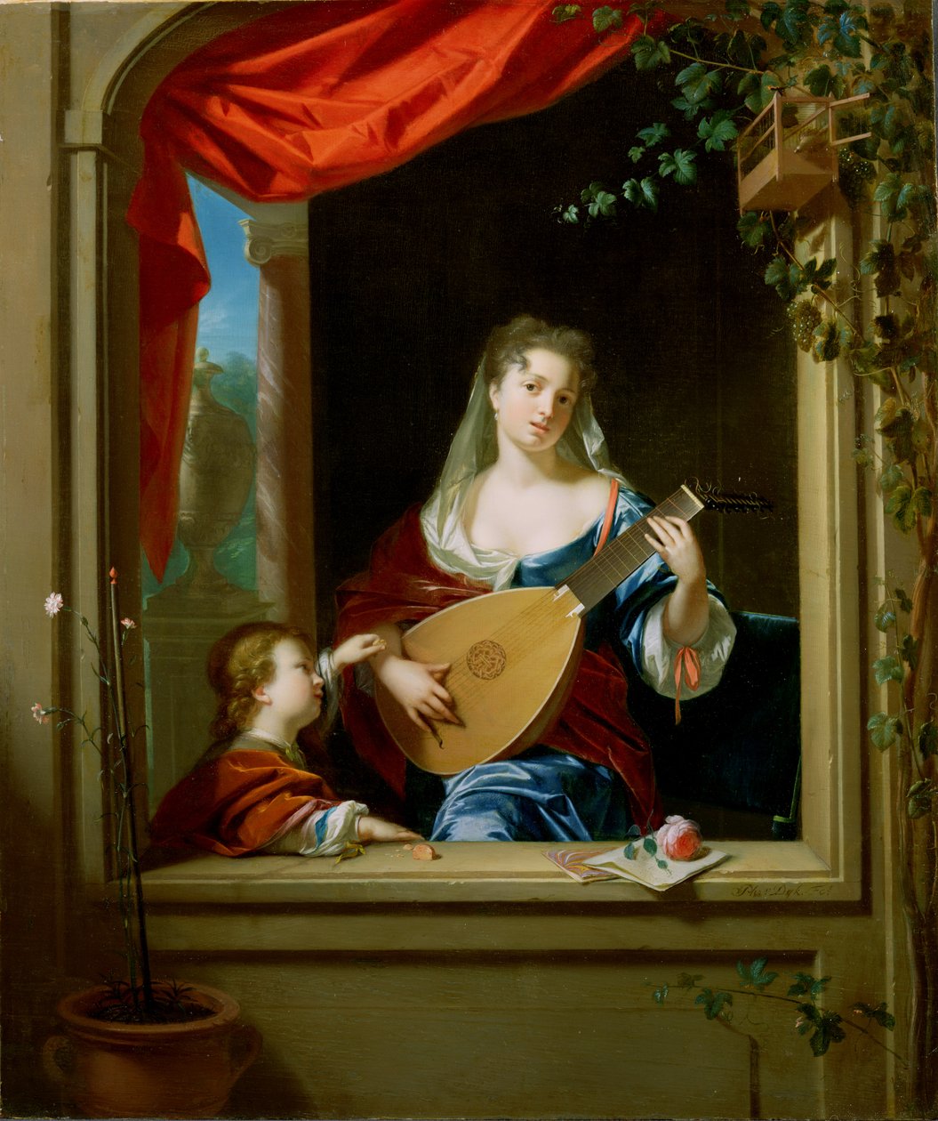 Elegancka dama grająca na lutni w oknie (panel) autorstwa Philip van Dyck