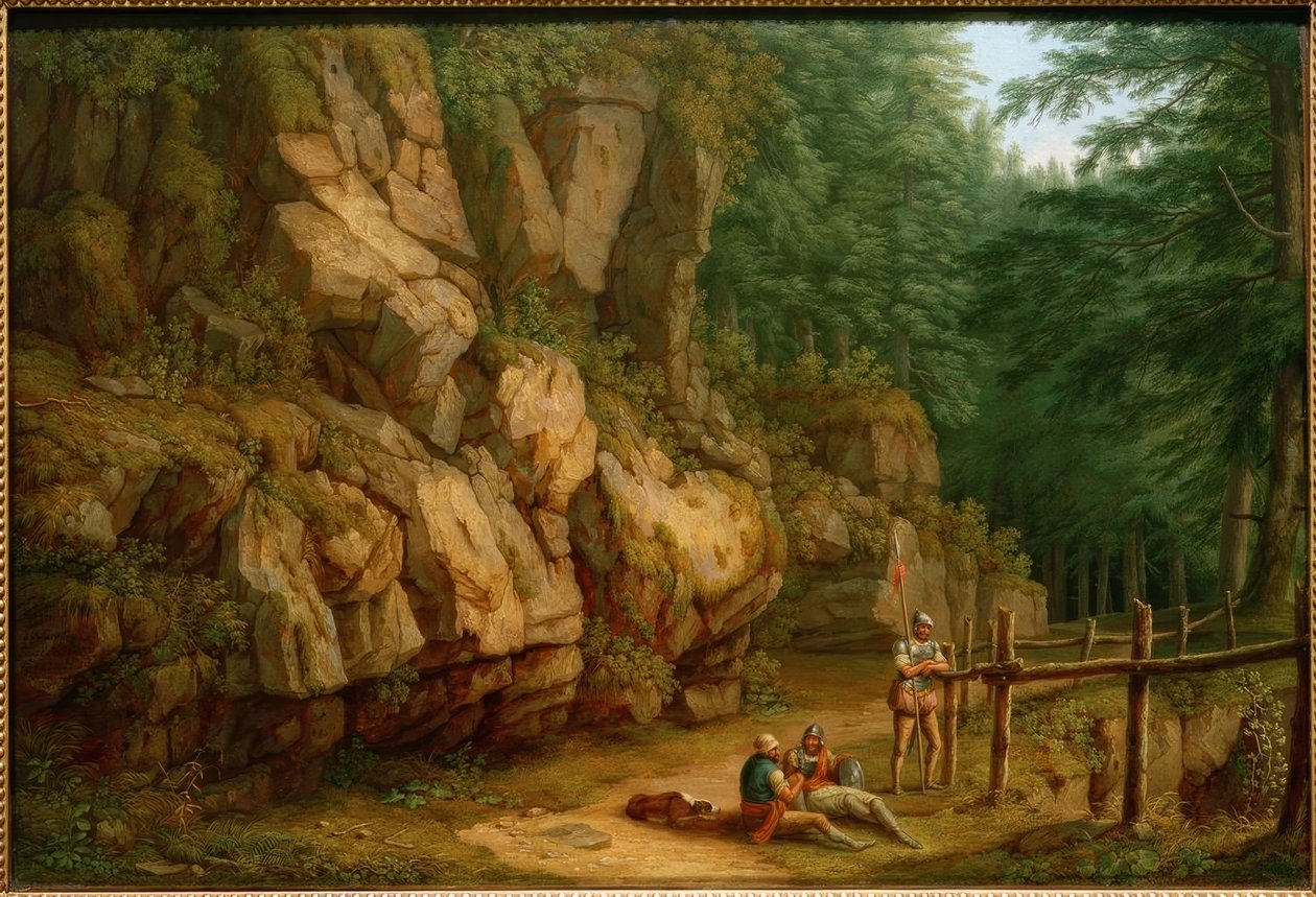 Hackert, skalisty krajobraz z żołnierzami (Masso del Diavolo) autorstwa Philipp Hackert