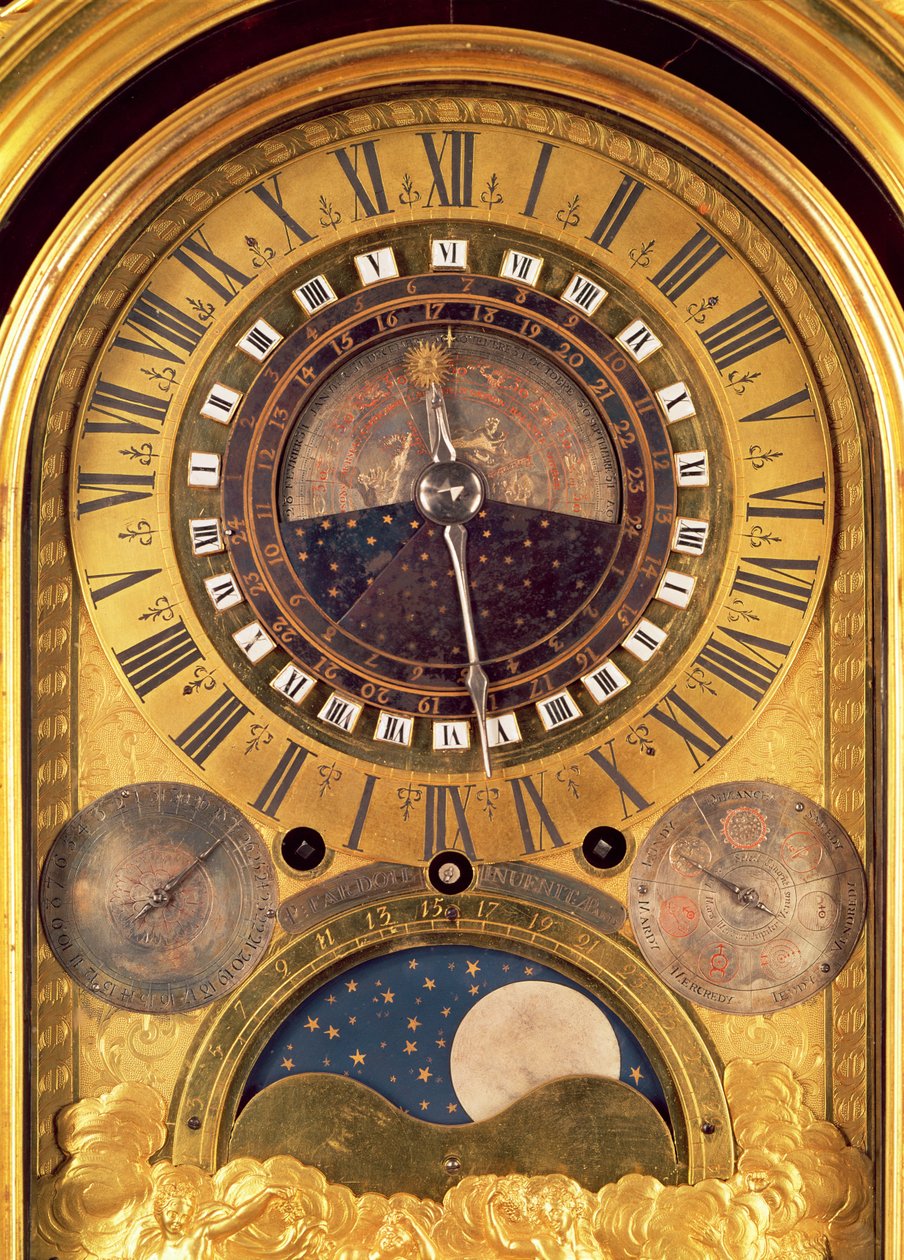 Zegar astronomiczny wykonany dla Wielkiego Delfina Ludwika Francji (1661-1711) detal tarczy, 1710 (brąz złocony) (detal z 208583) autorstwa Philippe and Fardoil, Pierre Caffieri