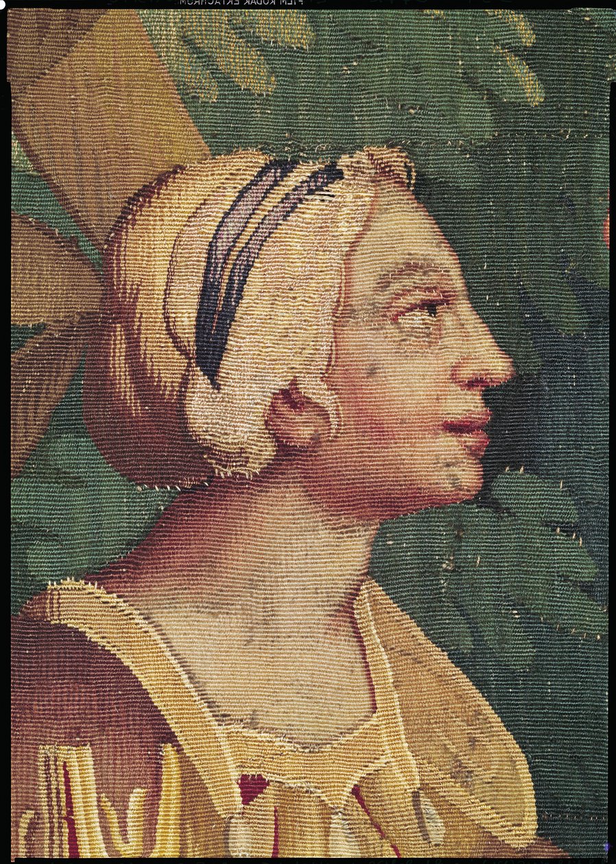 Cephalus i Procris, detal szefa Procris, gobelin Warsztatu Beauvais autorstwa Philippe Behagle
