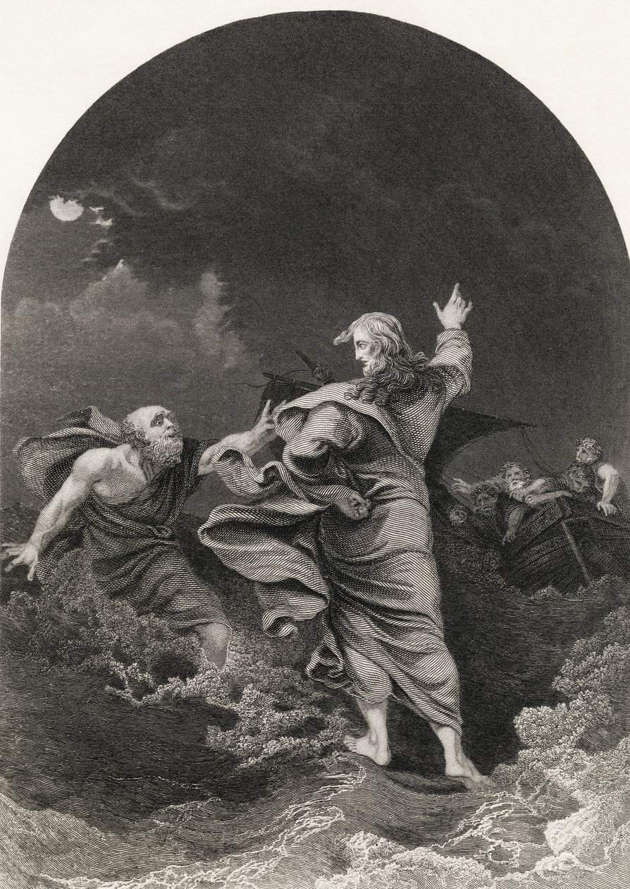 Chrystus kroczący po morzu, ryty S. Allen, z „The National Illustrated Family Bible”, wydanej ok. 1870 r. autorstwa Philippe Jacques de Loutherbourg