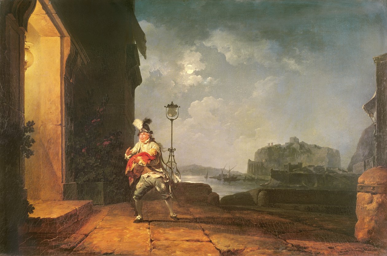 David Garrick jako Don John w adaptacji „Szansy” Beaumonta i Fletchera, akt 1, scena 2, c.1774 (olej) autorstwa Philippe Jacques de Loutherbourg