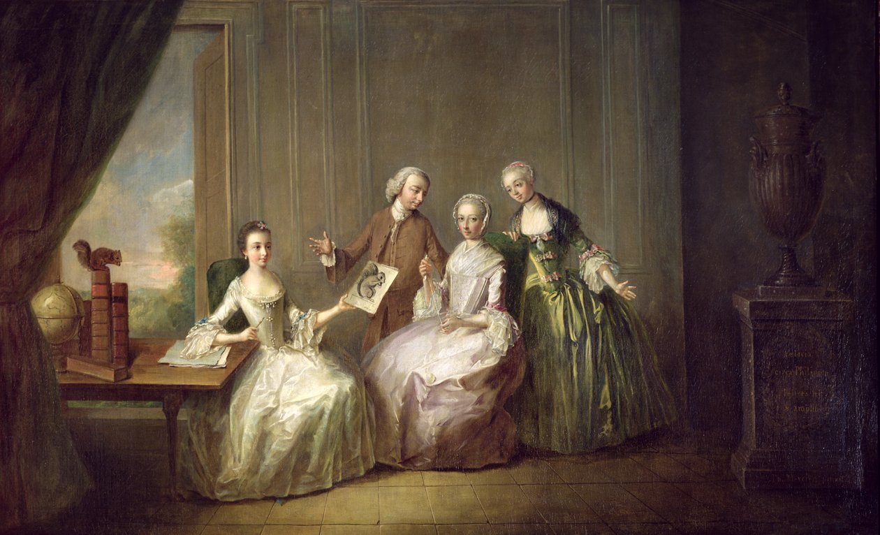 Rodzina we wnętrzu z wiewiórkami, prawdopodobnie rodzina Burtonów z Eltham, Kent, 1755-60 autorstwa Philippe Mercier