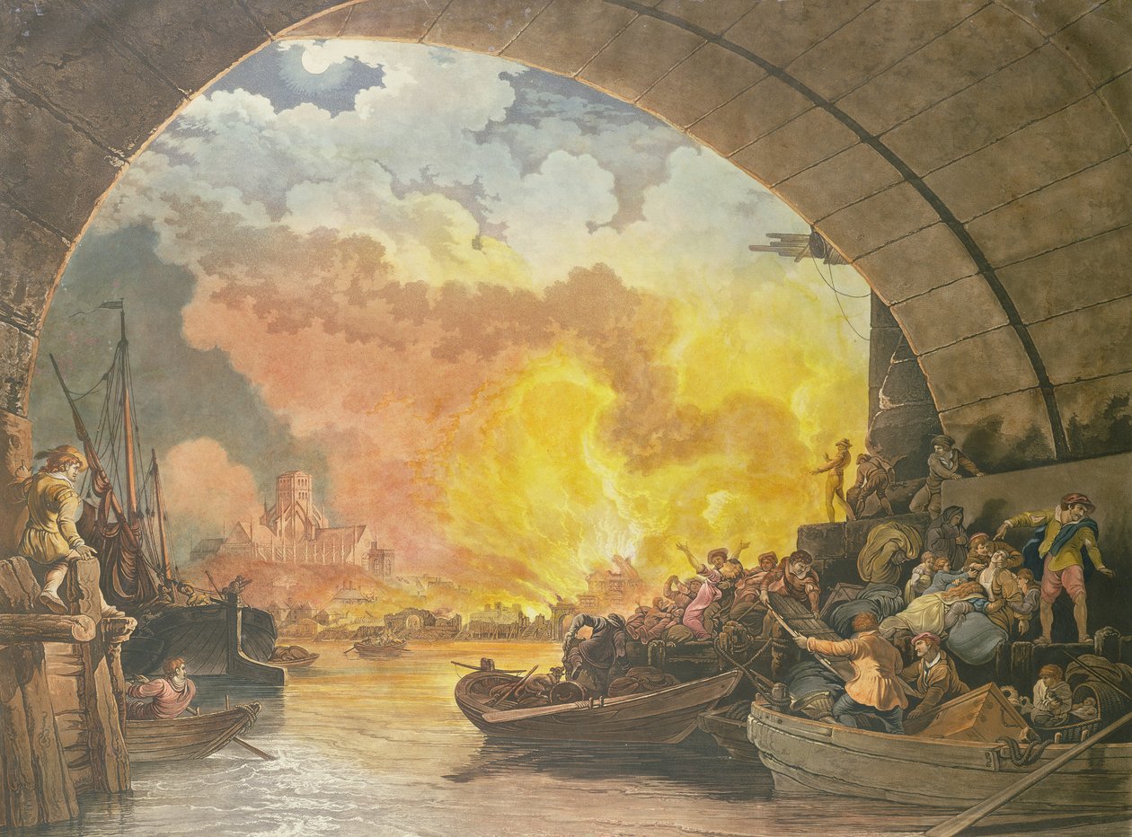 Wielki pożar Londynu, 1799, ryty J.C. Stadler (fl.1780-1812) (akwatinta) autorstwa Philippe Jacques de Loutherbourg