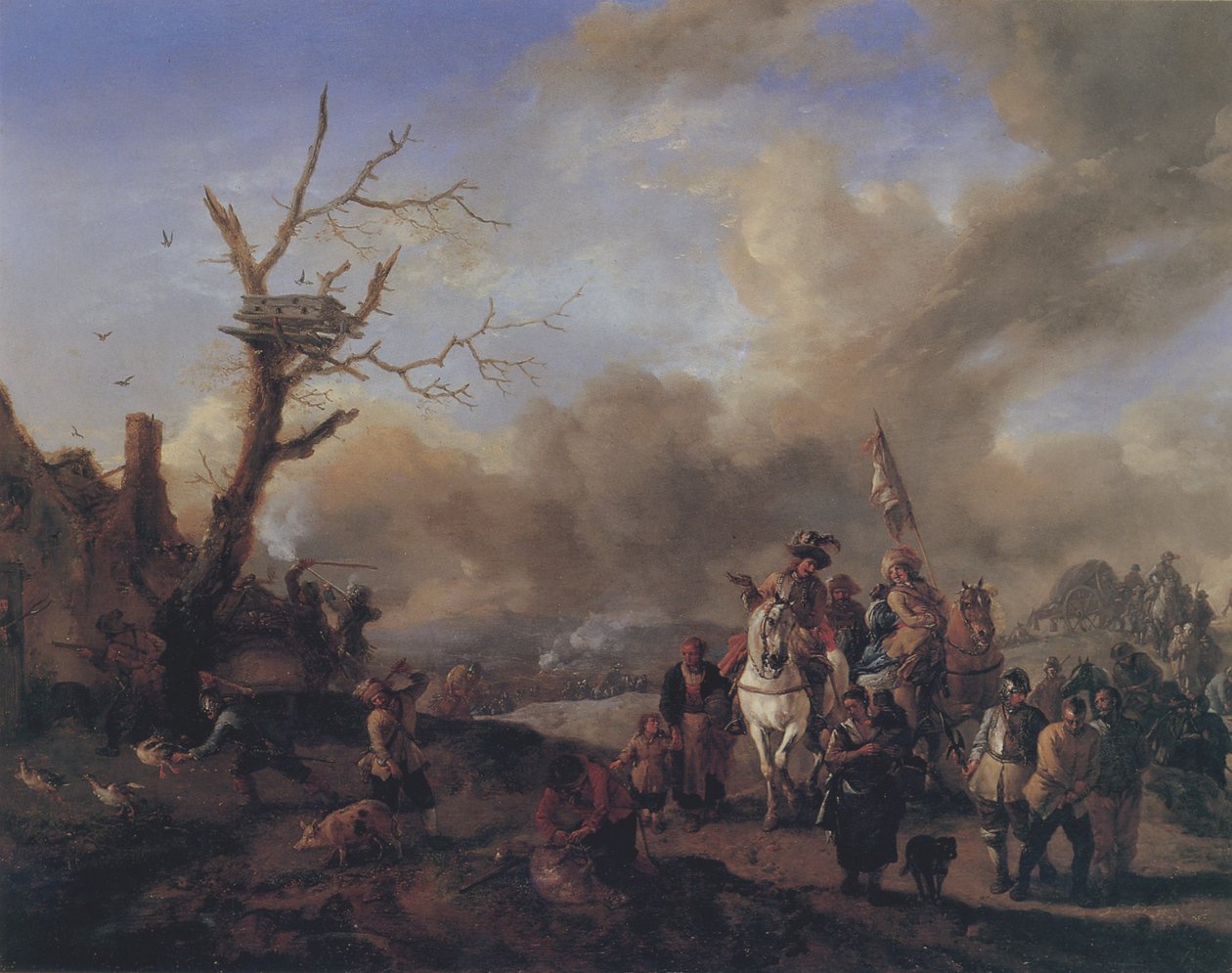 Przybywający oddział żołnierzy z sutmanami i dziećmi, plądrujący farmę autorstwa Philips Wouwerman