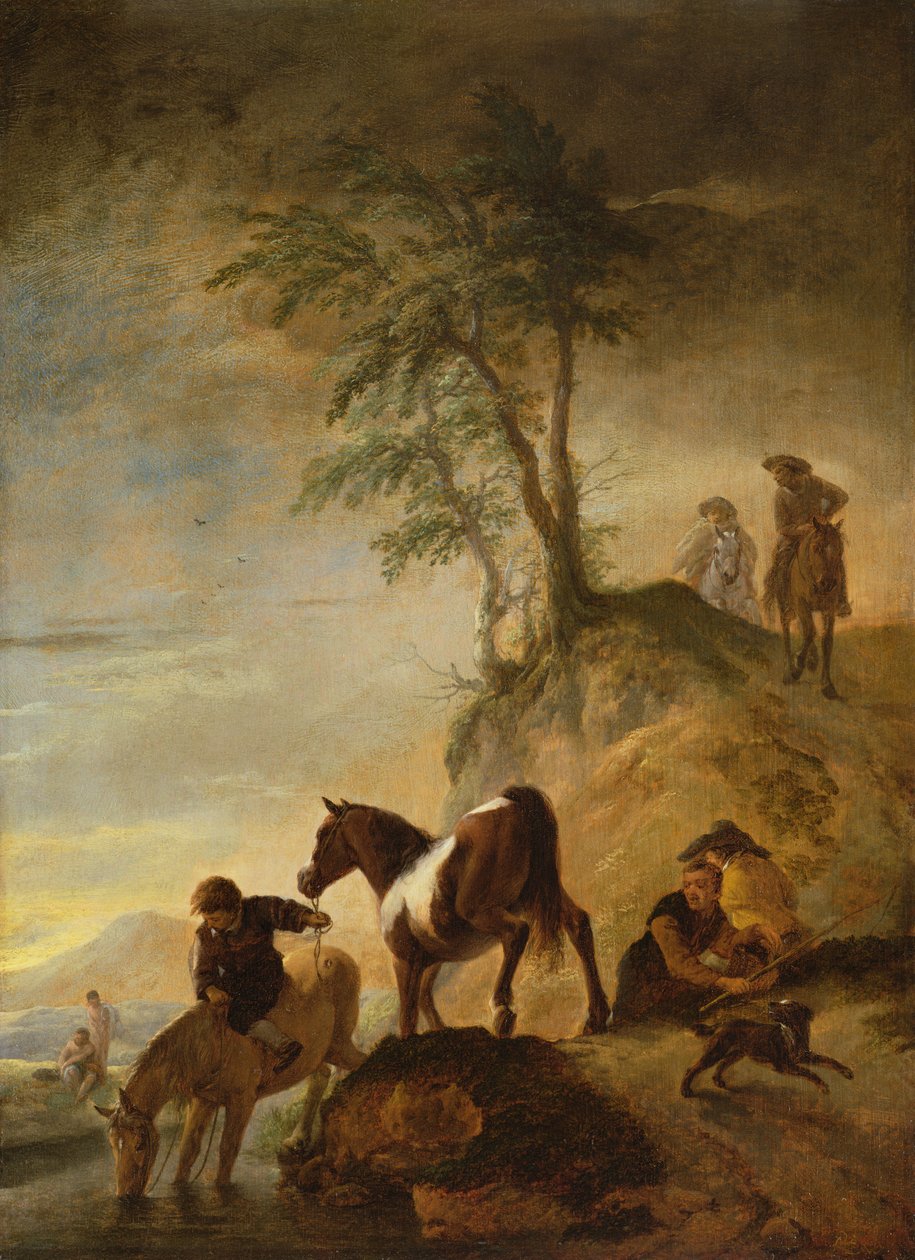 Jeźdźcy pojący konie (panel) autorstwa Philips Wouwerman