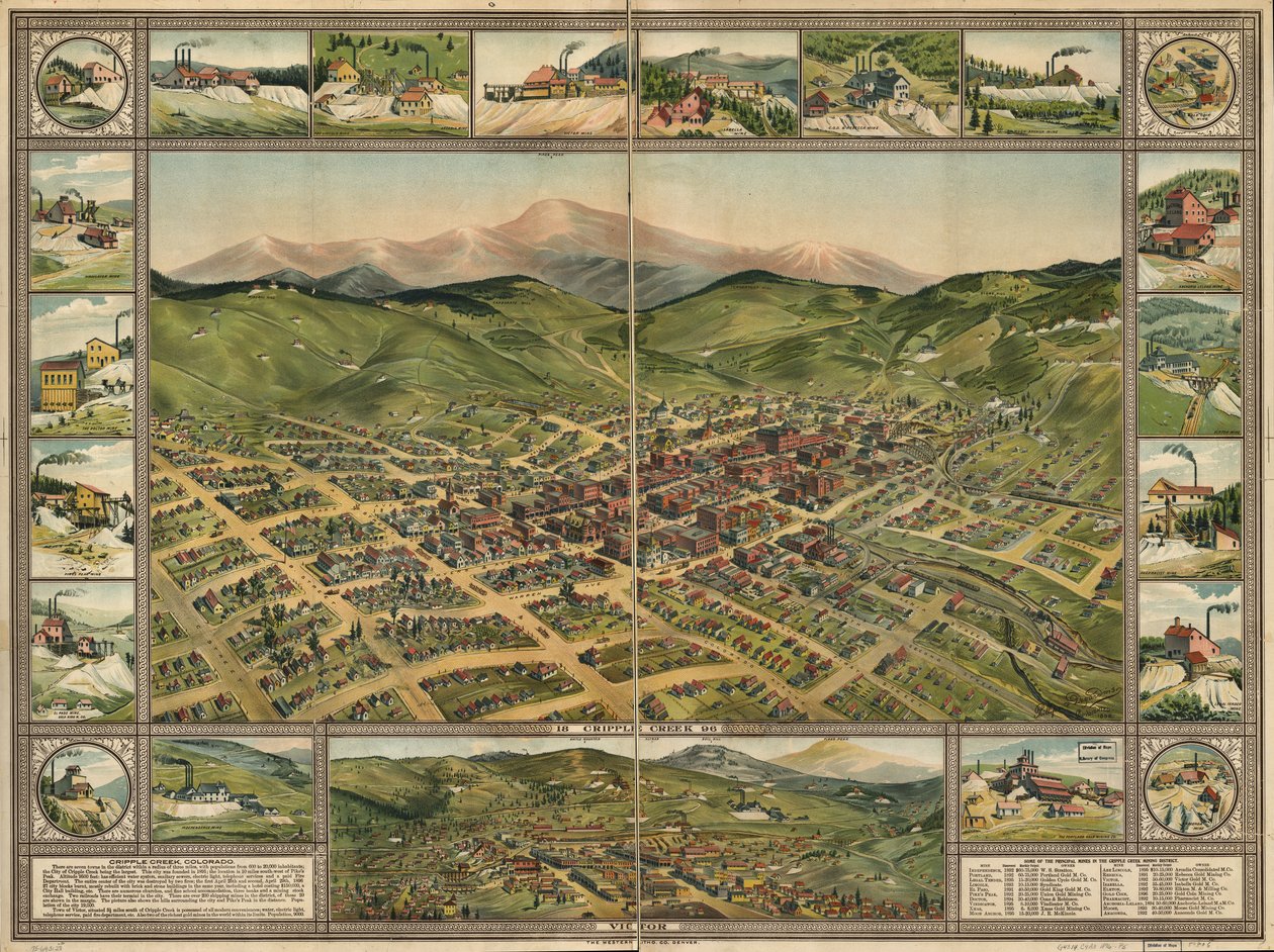 Cripple Creek, 1896. autorstwa Phillips and Desjardins Western Lithograph Co.