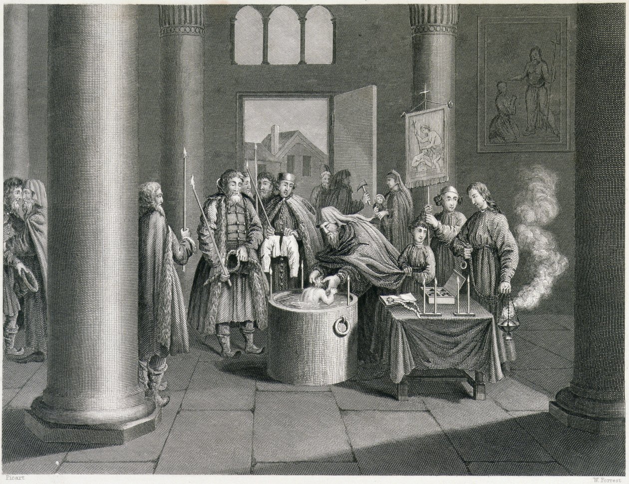 Chrzest według Kościoła Greckiego w Rosji, rycina W. Forresta, z "World Religion", wydanej przez A. Fullarton und Co. autorstwa Picart