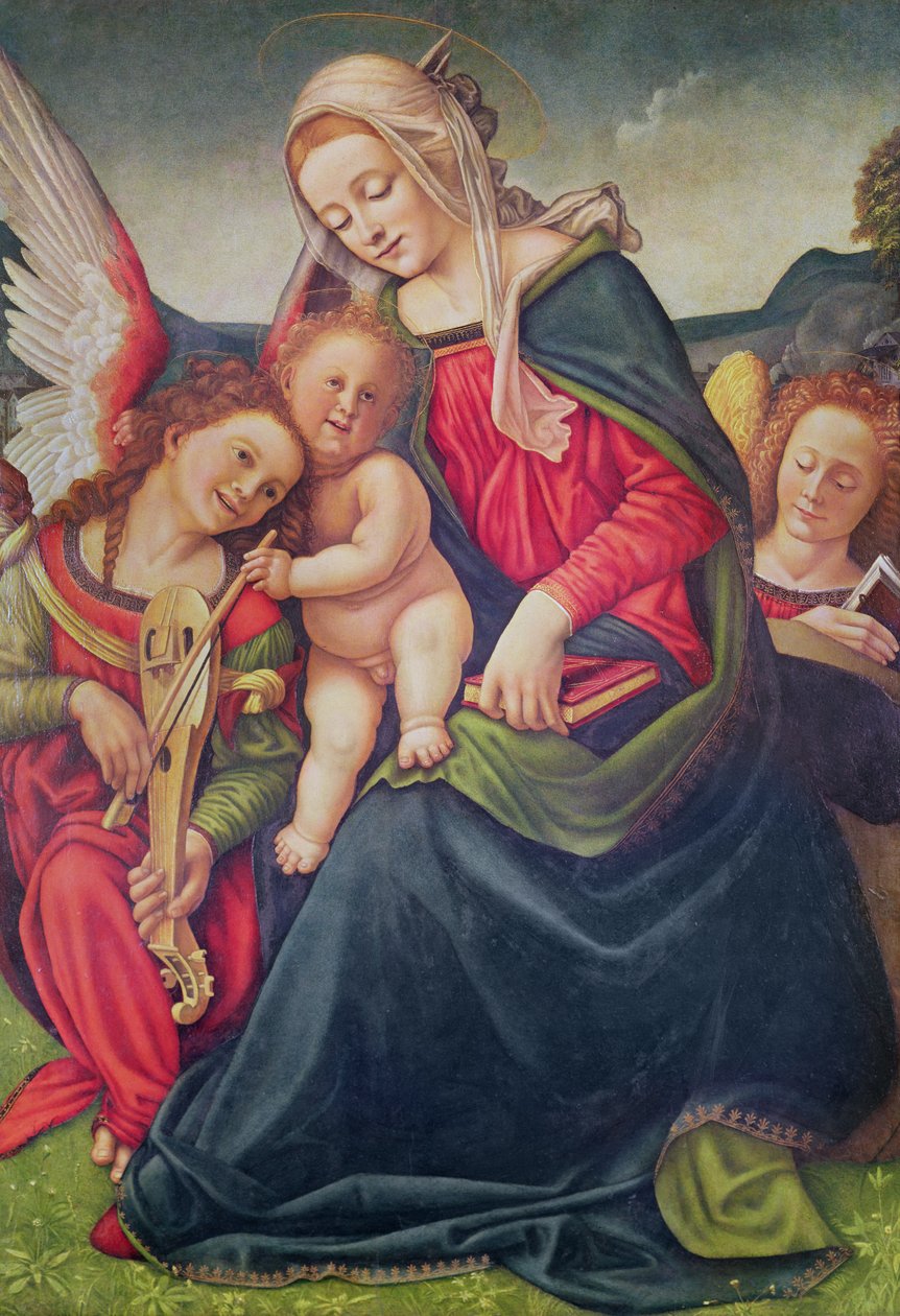Muzycy Dziewicy z Dzieciątkiem i Aniołem (olej na drewnie) autorstwa Piero di Cosimo