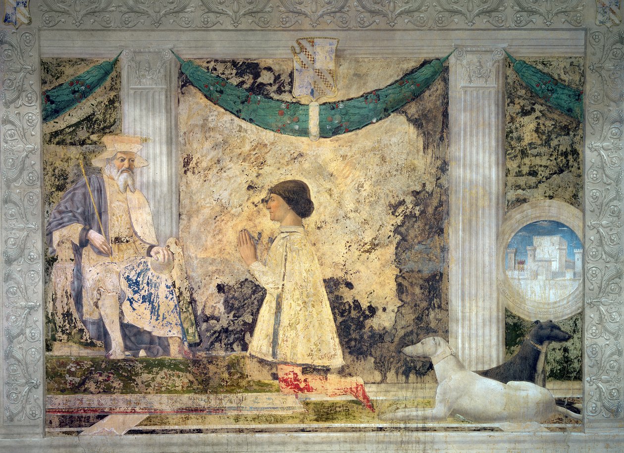 Sigismondo Malatesta (zm.1468) klęczący przed swoim patronem, św. Zygmuntem Burgundzkim, 1451 r. autorstwa Piero della Francesca