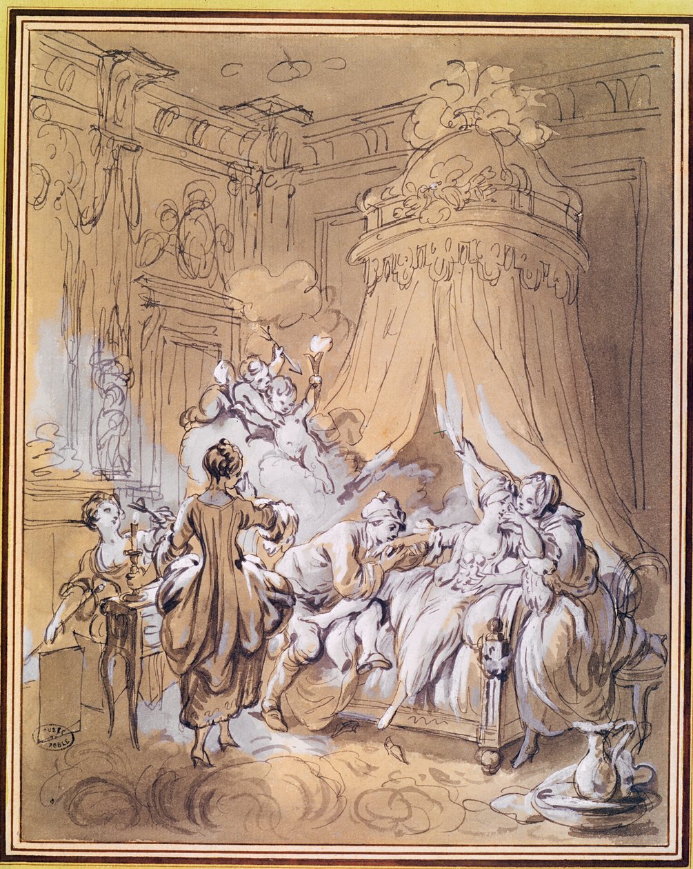 Noc poślubna (akwarela i tusz na papierze) autorstwa Pierre Antoine Baudouin