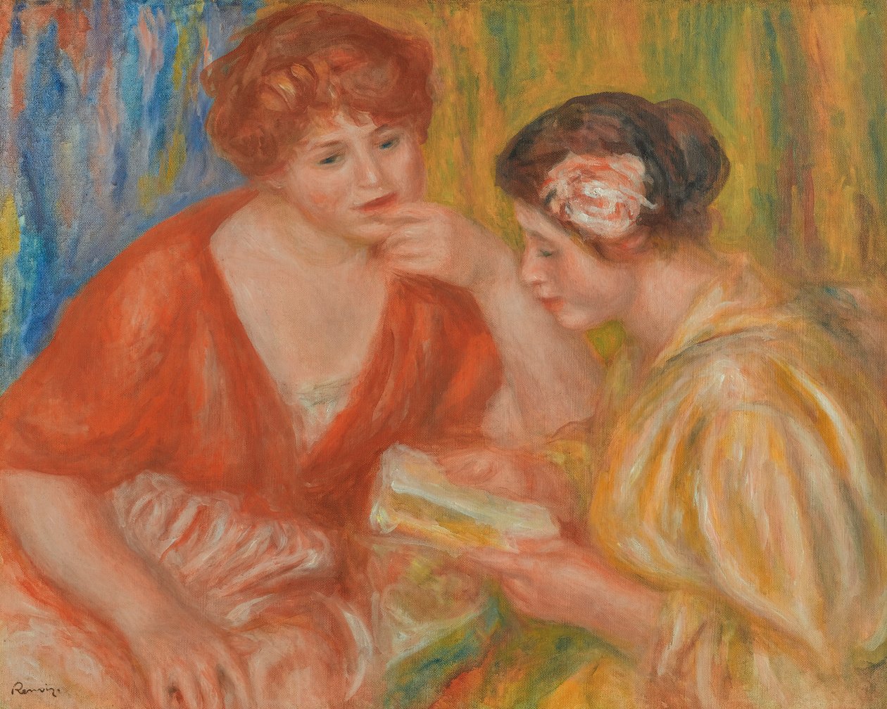 CZYTANIE, DWIE KOBIETY W CZERWONYCH I RÓŻOWYCH BLUZKACH autorstwa Pierre Auguste Renoir