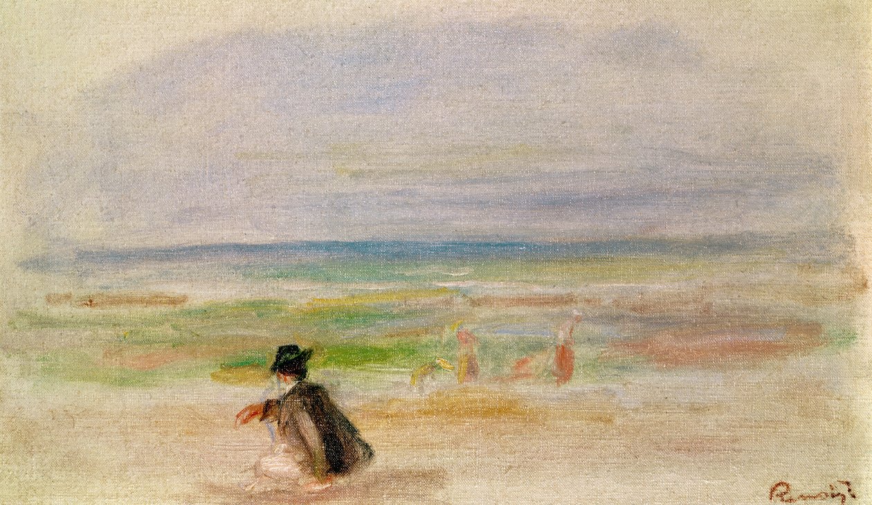 Mężczyzna w czerni siedzący na plaży autorstwa Pierre Auguste Renoir