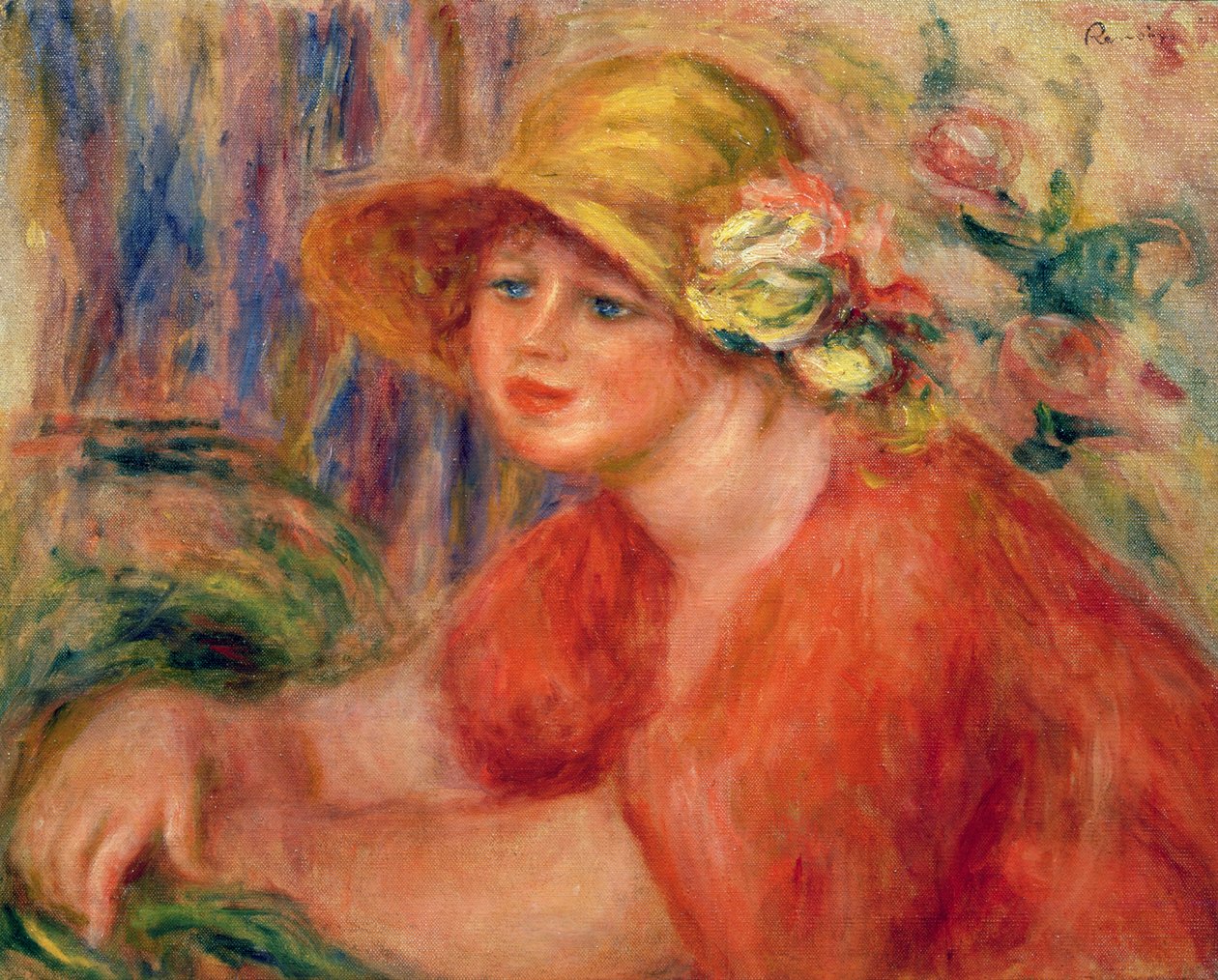 Portret kobiety w kapeluszu ozdobionym kwiatami autorstwa Pierre Auguste Renoir