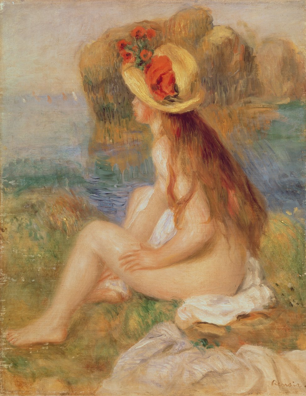 Siedząca kąpiąca się kobieta w słomkowym kapeluszu autorstwa Pierre Auguste Renoir