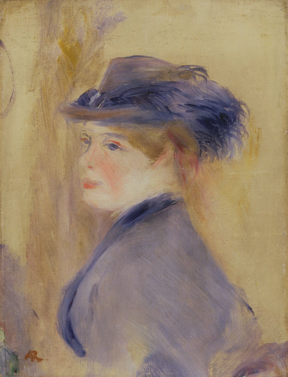 Kobieta w niebieskim kapeluszu z pióropuszem, ok. 1875 r. autorstwa Pierre Auguste Renoir