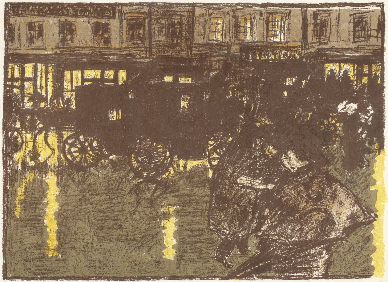 Ulica, wieczór, pod deszczem, litografia z cyklu Niektóre aspekty życia w Paryżu autorstwa Pierre Bonnard