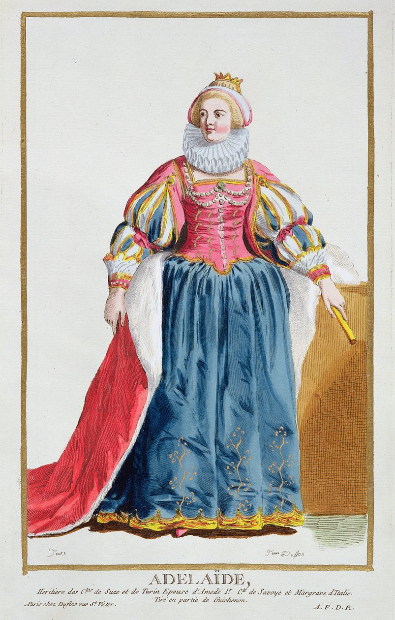 Adelajda, z „Recueil des Estampes, reprezentujący szeregi i dostojników, według stroju wszystkich istniejących narodów”, opublikowana w 1780 r. (ręcznie kolorowana grawerunek) autorstwa Pierre Duflos