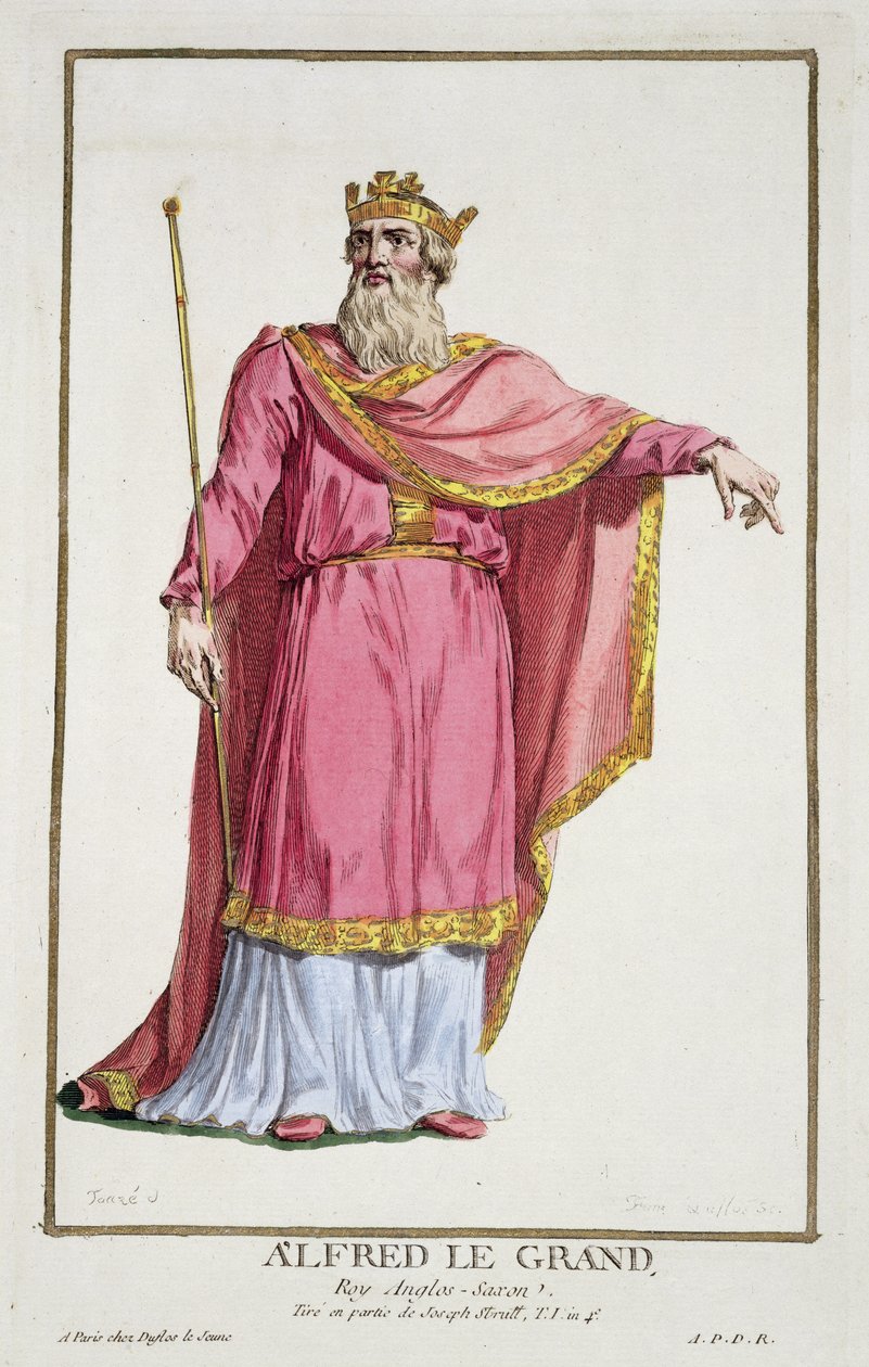 Alfred Wielki (849-99) z „Receuil des Estampes, reprezentujący szeregi i dostojników, według stroju wszystkich istniejących narodów”, wydanej w 1780 r. (rycina ręcznie kolorowana) autorstwa Pierre Duflos