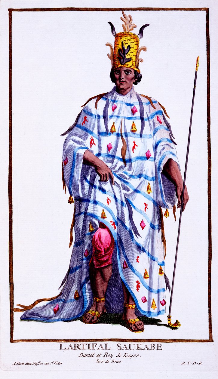 Król Kayor, Llartifal Saukabe, z „Recueil des Estampes, reprezentujący szeregi i dostojników, według stroju wszystkich istniejących narodów”, wydana w 1780 r. (ręka grawerunek) autorstwa Pierre Duflos