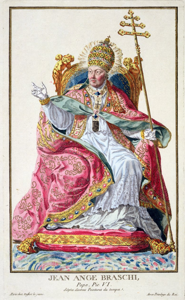 Papież Pius VI (1717-99) z „Receuil des Estampes, reprezentujący szeregi i dostojników, według stroju wszystkich istniejących narodów”, opublikowany w 1780 r. (rycina ręcznie kolorowana) autorstwa Pierre Duflos