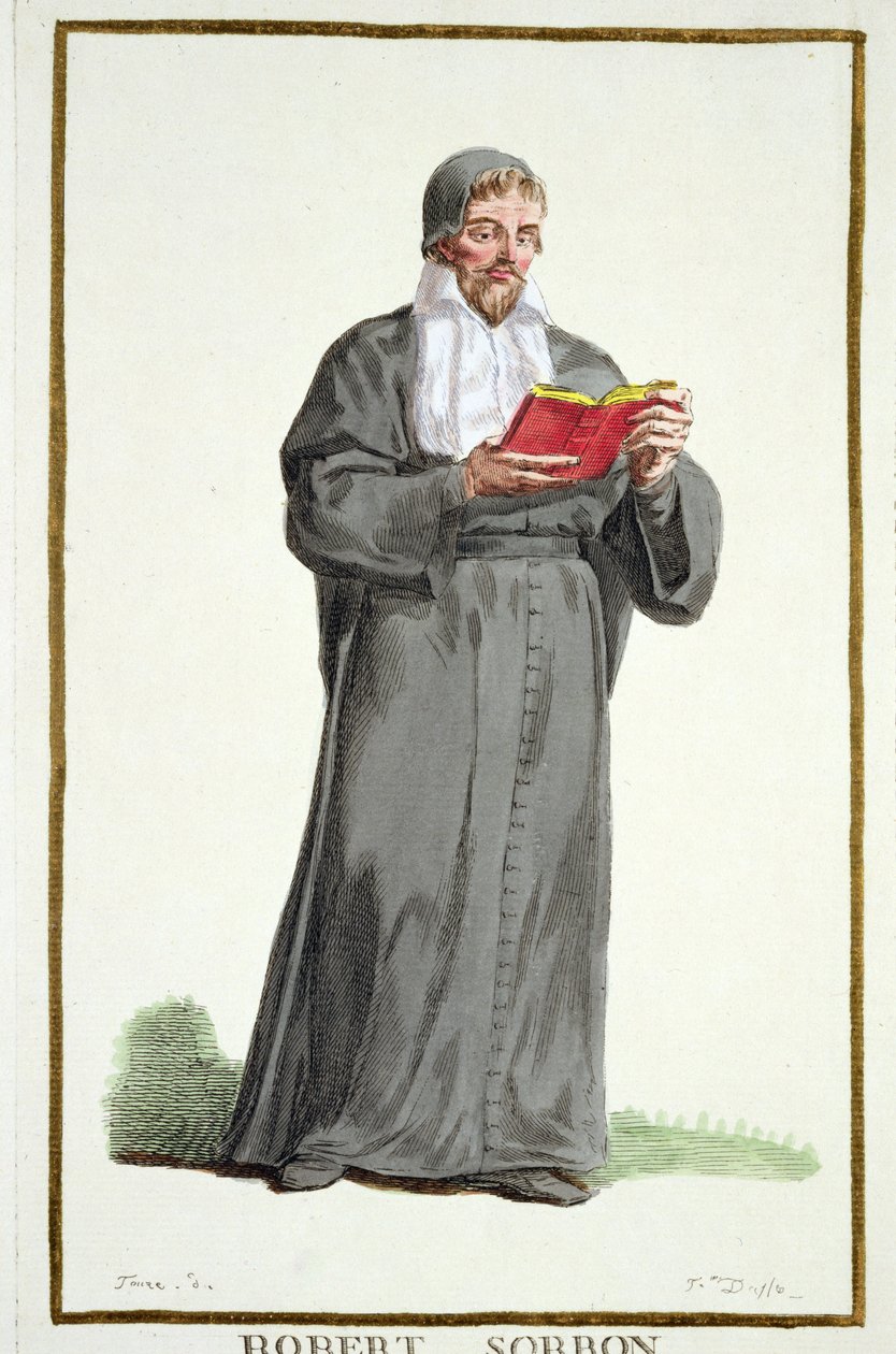 Robert de Sorbon (1201-94) z "Receuil des Estampes, representant les Rangs et les Dignites, suivant le Costume de toutes les Nations existantes", wyd. 1780 (rycina ręcznie kolorowana) autorstwa Pierre Duflos