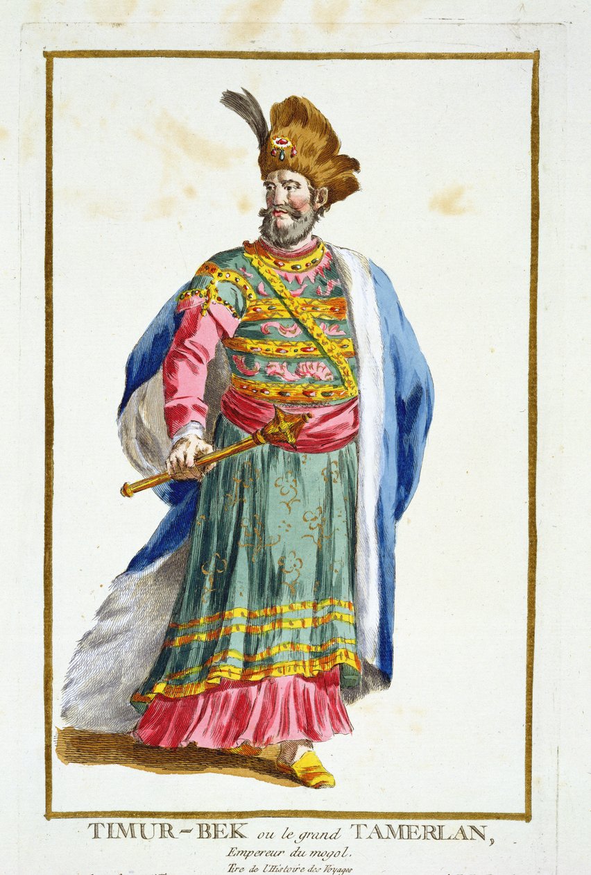 Tamburlaine (1336-1405) z „Receuil des Estampes, reprezentujący szeregi i dostojników, według stroju wszystkich istniejących narodów”, wydanej w 1780 r. (rycina ręcznie kolorowana) autorstwa Pierre Duflos