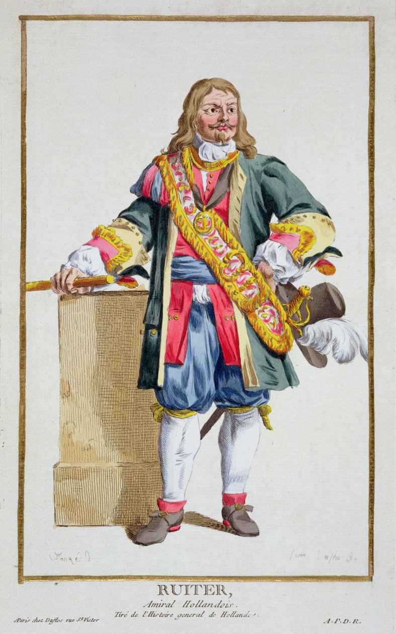 Wiceadmirał Ruyter (1607-76) z „Receuil des Estampes, Representant des Rangs et des Dignites, według stroju wszystkich istniejących narodów”, wydanej w 1780 r. (ręcznie kolorowane grawerowanie) autorstwa Pierre Duflos