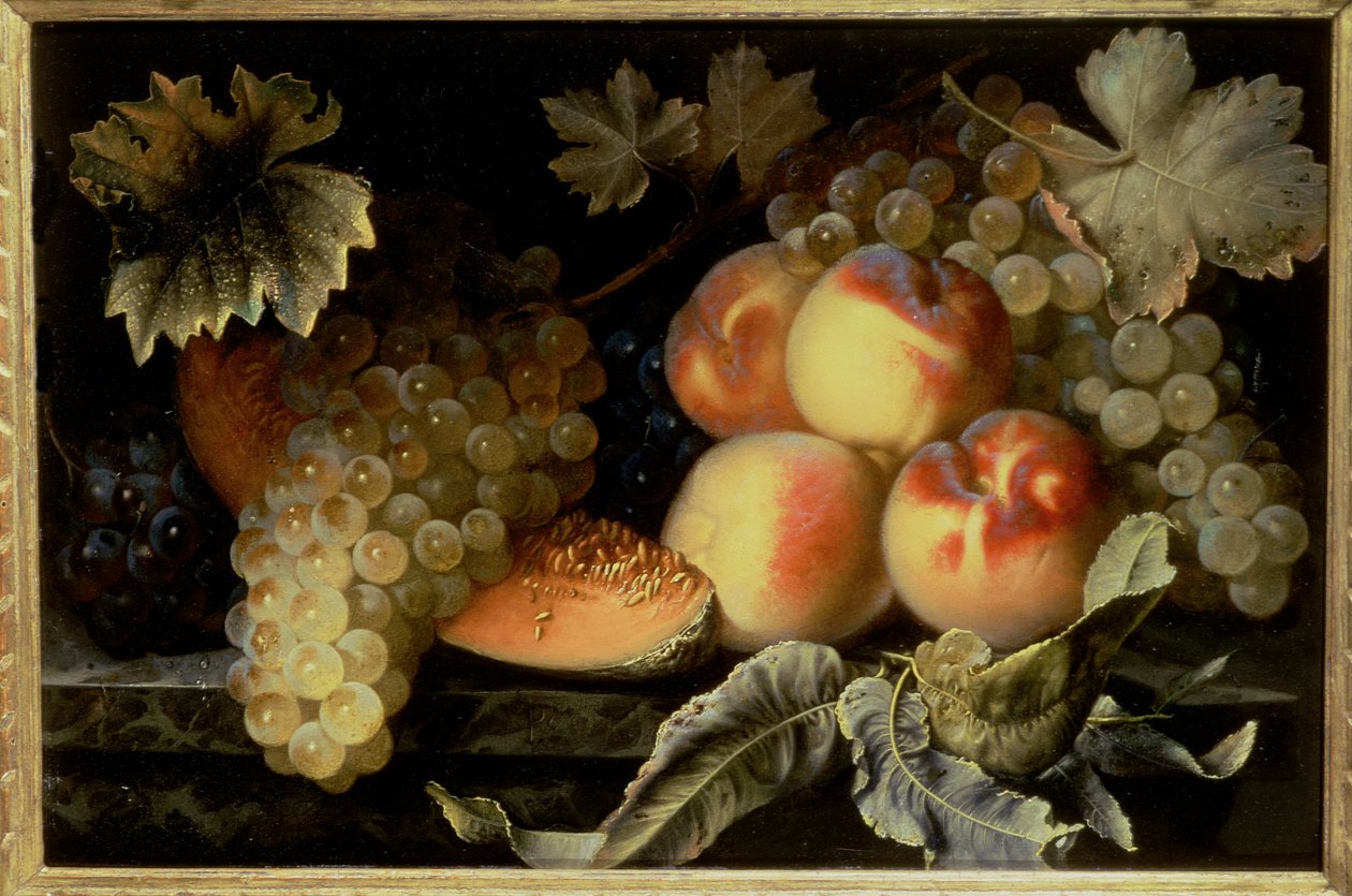 Martwa natura z brzoskwiniami, melonem i winogronami (jeden z pary) autorstwa Pierre Dupuis