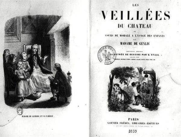 Frontyspis Les Veilles du Chateau ou Cours de Morale a lUsage des Enfants Madame de Genlis (1746-1830) wydany w 1859 r. autorstwa Pierre Gustave Eugene 1817 82 after Staal