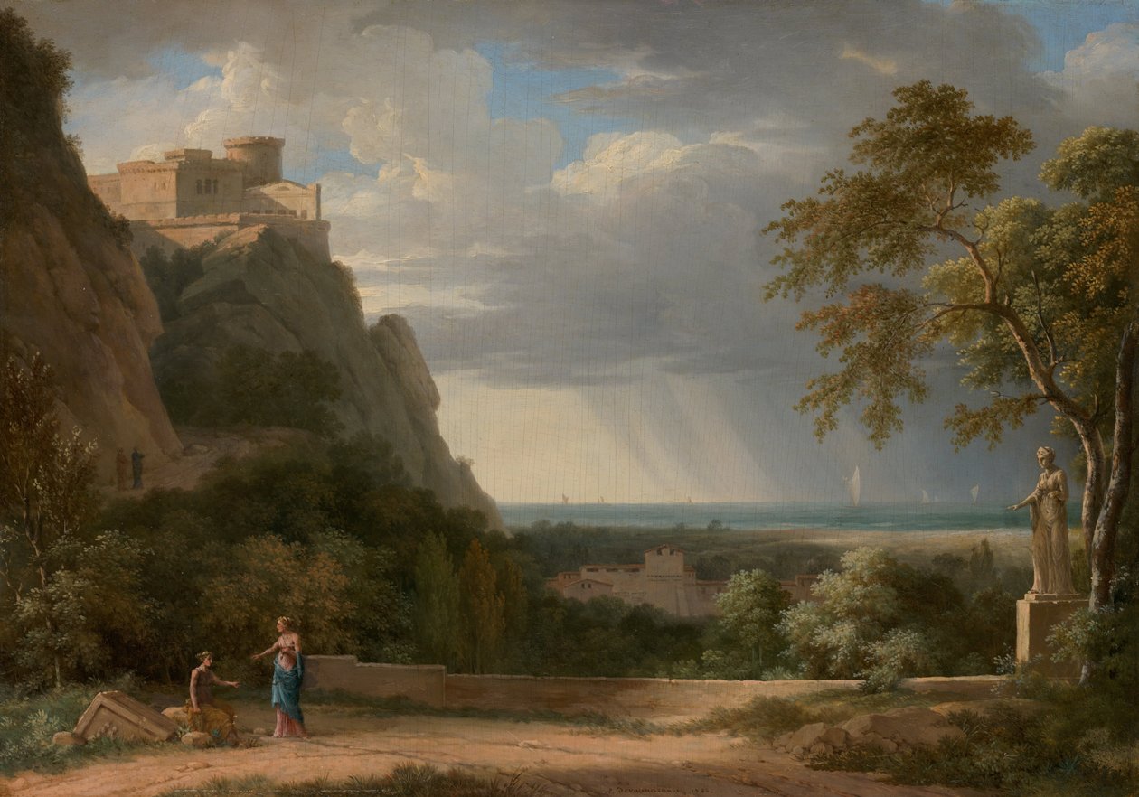 Klasyczny krajobraz z postaciami i rzeźbą autorstwa Pierre Henri de Valenciennes