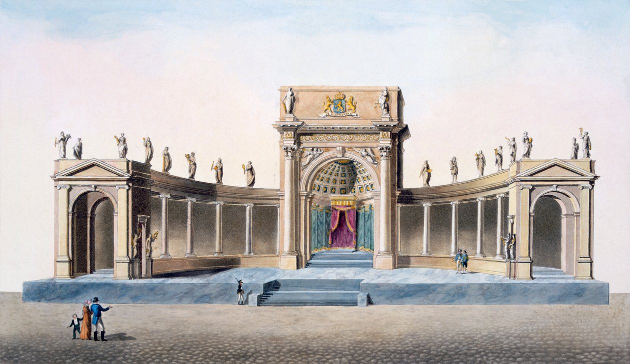 Teatr w Brukseli wzniesiony na inaugurację króla w 1815 r., z „Wybór najwspanialszych zabytków, budynków i domów Królestwa Niderlandów”, opublikowany 1827 r. autorstwa Pierre Jacques Goetghebuer