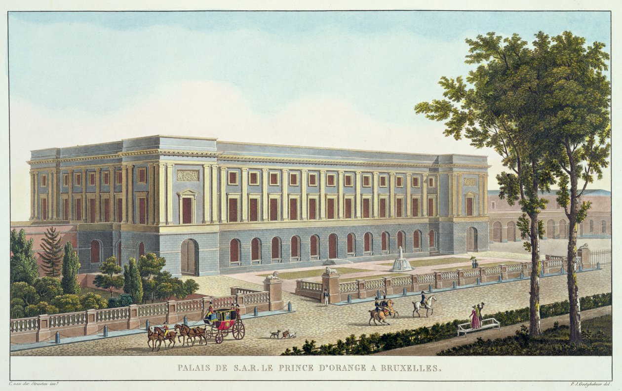 Pałac Księcia Orańskiego, Bruksela, z Choice of the Most Remarking Monuments, Buildings and Houses of the Kingdom of the Netherlands autorstwa Pierre Jacques Goetghebuer (1788-1866), rytowany przez Charlesa van autorstwa Pierre Jacques after Goetghebuer